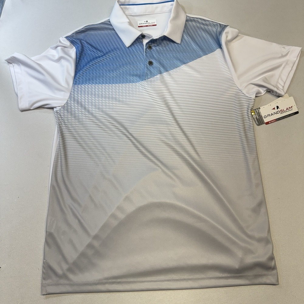 Grand Slam Golf Polo Shirt Men's M‎ White Blue Gray Short Sleeve UPF 50 New NWT